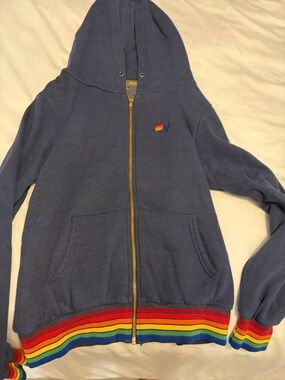 Aviator Nation Blue Zip-Up Hoodie with Rainbow Trim